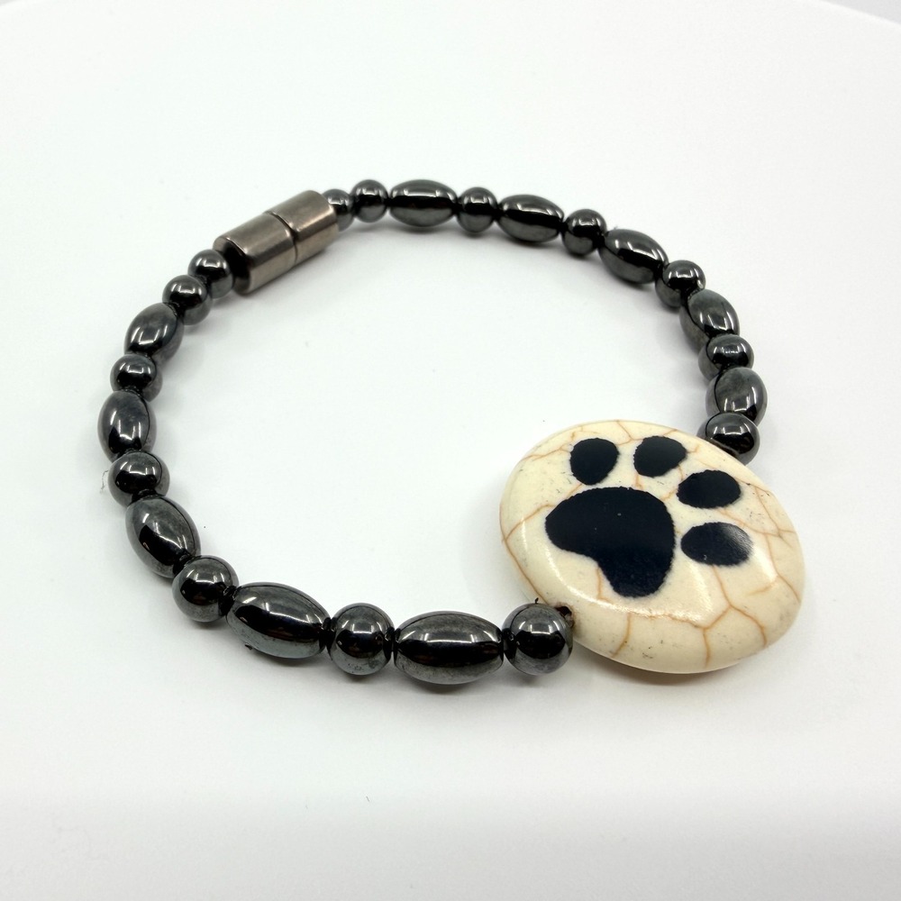 Vintage Gunmetal Hematite Beaded Paw Print Chunky Bracelet